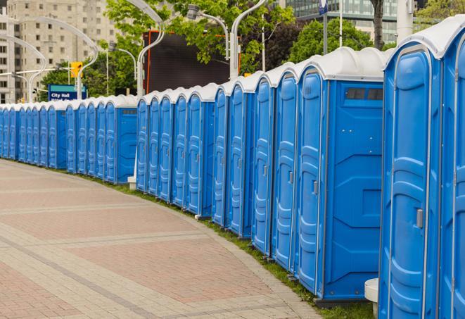 Seasonal porta potty units set up at a Walnut Creek, California venue